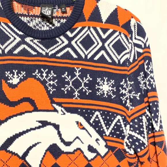 NFL Denver Broncos Football Navy and Orange Fair Isle Christmas Holiday Sweater - Picture 2 of 6